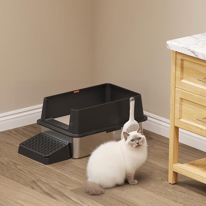 Котлочистка LifeWit 28л з нержавіючої сталі, відкрита, 60x40x30 см з совком та педаллю. Котлочистка XXL для великих котів, без кришки, для вітальні, спальні (Чорний)