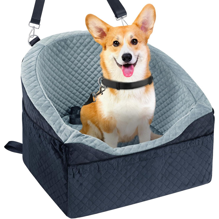 Автокрісло для собак маленьких та середніх порід, сіре. Знімне, миється, з підсумками та ременем безпеки. До 13,6 кг