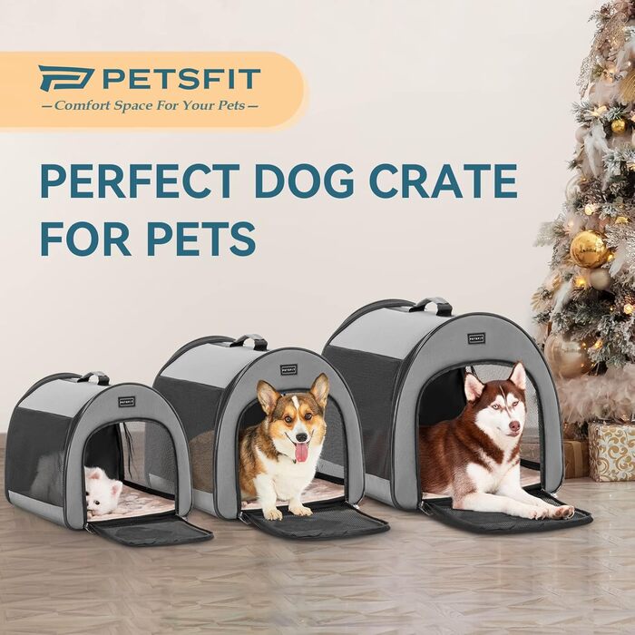 Складана переносна дихаюча сумка-бокс для собак Petsfit M, сіра, із вигнутим дизайном, антивідкривною блискавкою та плюшевою подушкою, для дому