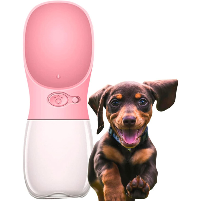 Edipets: портативна пляшка для води для собак, 350 мл, антибактеріальна, без витоку, BPA-free, для активного відпочинку (Рожева)