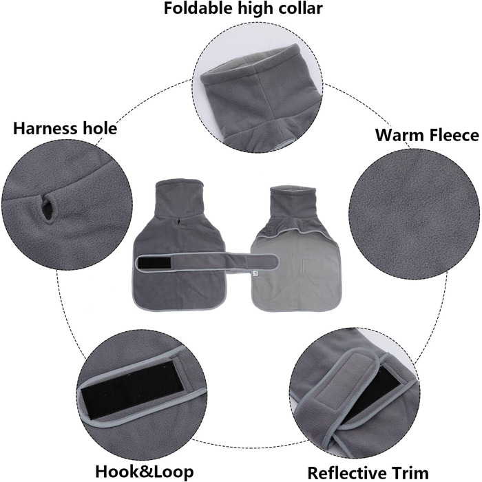 Теплий зимовий одяг для такси (дворняг) - куртка з флісу, регульована, з отвором для шлейки, сіра, XS (довжина спини 31-33 см)