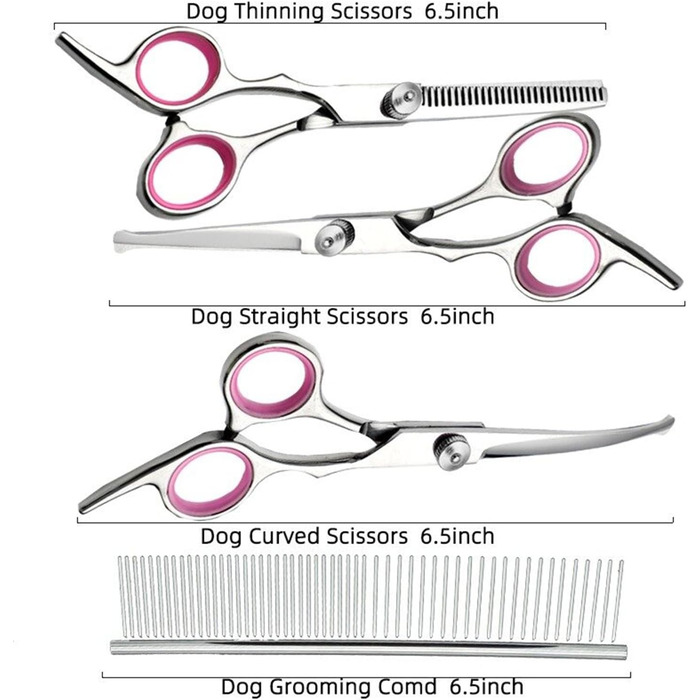 Набір професійних ножиць для собак, 4 в 1: ножиці з круглим носиком, ножиці для фінішування, прямі та вигнуті ножиці, гребінець для грумінгу, з нержавіючої сталі, для собак та котів (рожеві)