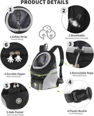 PETCUTE Рюкзак-переноска для собак і котів, чорний, з регульованим ременем, водонепроникним дном та дихаючою передньою кишенею