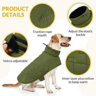 Зимовий одяг для собак великих порід: тепла куртка для такси, бульдога - вітронепроникна для дому та вулиці, кемпінгу, походів, 3XL, зелена