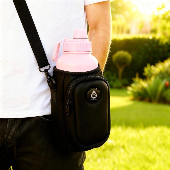 Поїлка для собак на прогулянці 1000 мл з мішечком, 4-в-1 ізотермічна фляга з нержавіючої сталі, не протікає, BPA-free з мисками для води та корму, аксесуари для собак (Рожева)