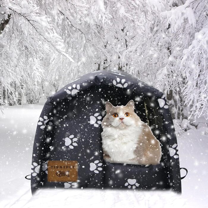 Vinnypet Будиночок для котів для вулиці, зимовий, водонепроникний і теплий, складаний, з плюшевою подушкою, м'який будиночок для собак і котів, притулок для бездомних тварин, 54x42x36 см, чорний