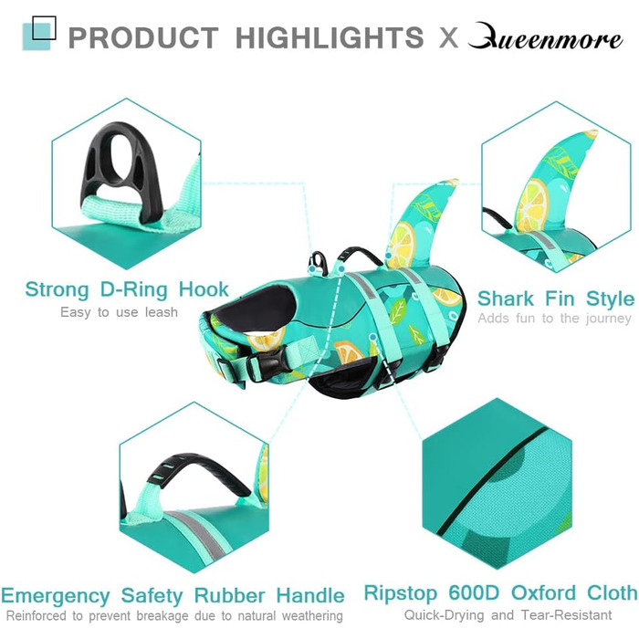 Жилет рятувальний для собак Queenmore, регульований, для середніх та великих собак, з високою плавучістю та міцним ручним тримачем
