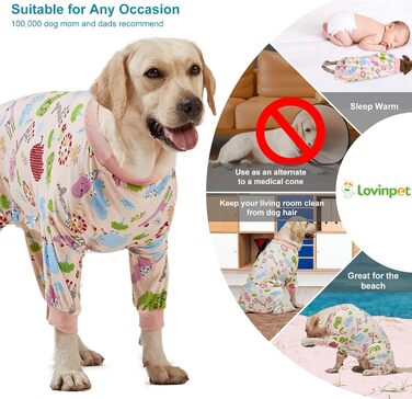 LovinPet Одяг для великих собак: піжама для собак великих порід, вузька посадка, легкий пуловер, повне покриття, з принтом рожевого кольору, розмір 3XL