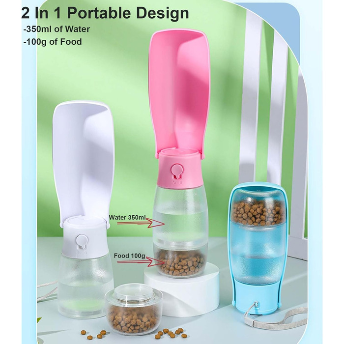 Складана пляшка для води для собак та інших тварин 340 мл з контейнером для корму, 2-в-1, білий/опільний сад