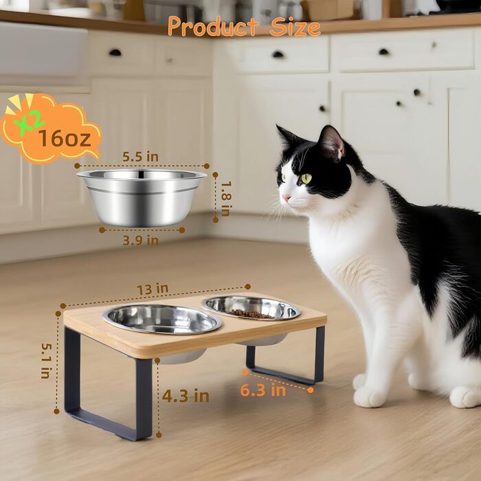 Підвищена годівниця для котів з нержавіючої сталі (907.2 г), антиковзаюча, нахилена під 15°, для котів та цуценят