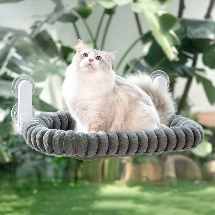 Лежанка для котів GUUSII HOE на вікно, складна, до 18 кг, з кріпленням на присосках, знімний чохол (білий, сірий)