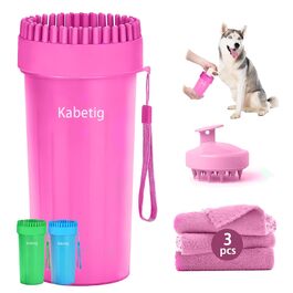 Миска-мийка для лап собак з 3 вбиральними рушниками та щіткою для миття – рожева, велика