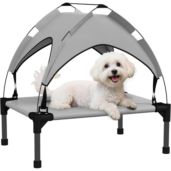 PawHut Підвищене собаче ліжко з балдахіном, ліжко для домашніх тварин, вулична лежанка для собак з дахом, дихаюча, для маленьких та середніх собак, Оксфорд 76 x 61 x 69,5 см (Д 61 x Ш 46 x В 63 см, світло-сірий)