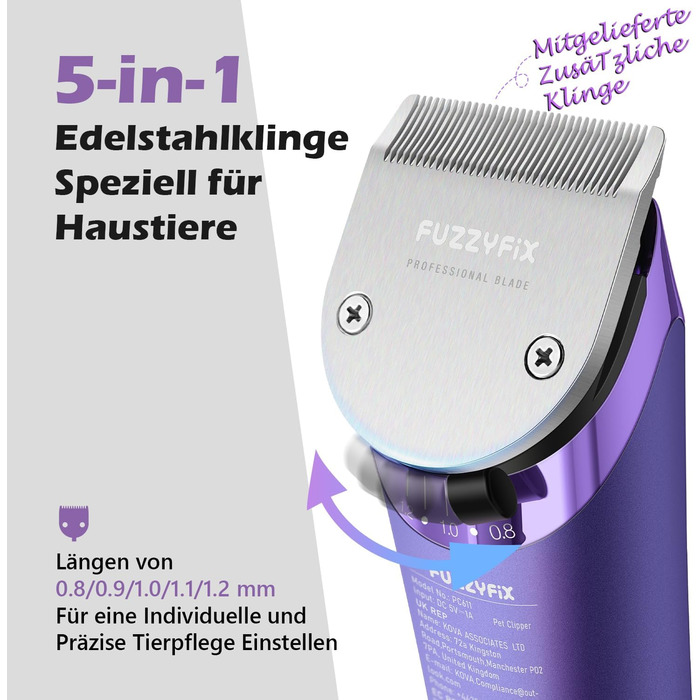 Професійна машинка для стрижки собак FuzzyFix з запасним лезом, 5-в-1, знімає шерсть з собак, котів та коней, лілова