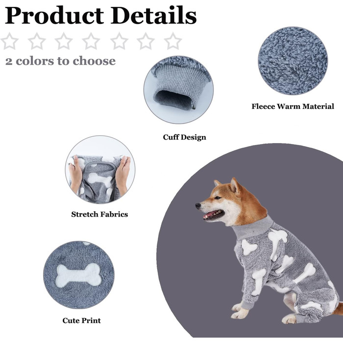 Теплий халат для собак на зиму, фланелевий, для середніх та великих собак, Onesie, колір сірий, розмір XS (довжина спини 38 см, обхват грудей 60 см)