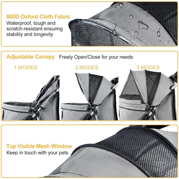 Візок для собак до 15 кг, складний, з кошиком для зберігання, сіткою та захистом від дощу. Підходить для маленьких та середніх собак, котів. Візок-тролей для собак (Сірий)