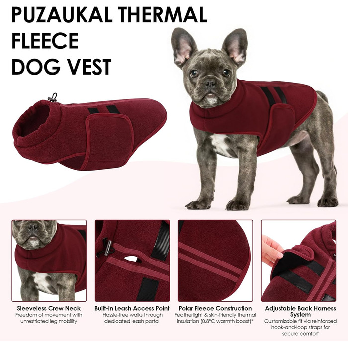 Теплий жилет для собак з флісу - жилетка для собак на зиму, для маленьких та середніх собак, з отвором для повідка, колір бордовий (XXS)