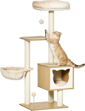 Дерев'яний кігтеточка для котів PawHut з будиночком та платформою, 126 см, з сизалю та коротким плюшем, бежевий