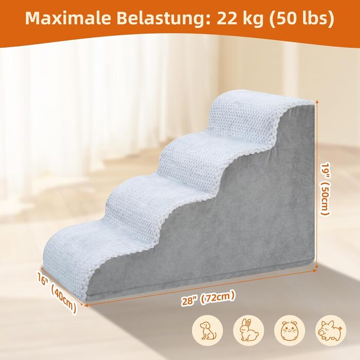 Східці для собак KSIIA - 3 сходинки, 40 см, для маленьких собак та котів. Зручна пандус для ліжка, дивану, софи та авто. Розміри: 40x57x40 см, сірий колір