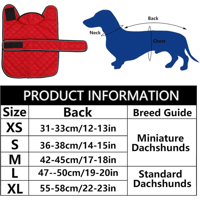 Зимовий теплий пуховик для такс, тепла куртка для собак, пуховик для вулиці з регульованим поясом та отвором для поводок, для середніх та маленьких такс - червоний, розмір S