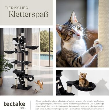 Котячий дряпак tectake XXL, регульований, з полицею, драбинкою, тунелем, домиком і сизалевими стовпами, чорний/білий, 243-260 см
