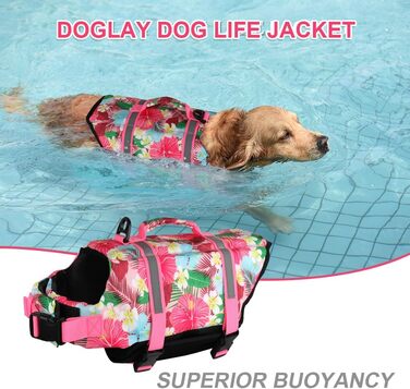 Жилет для плавання собак Doglay, світловідбиваючий, регульований, для малих, середніх та великих собак (Large, Рожевий з квіткою, 1)
