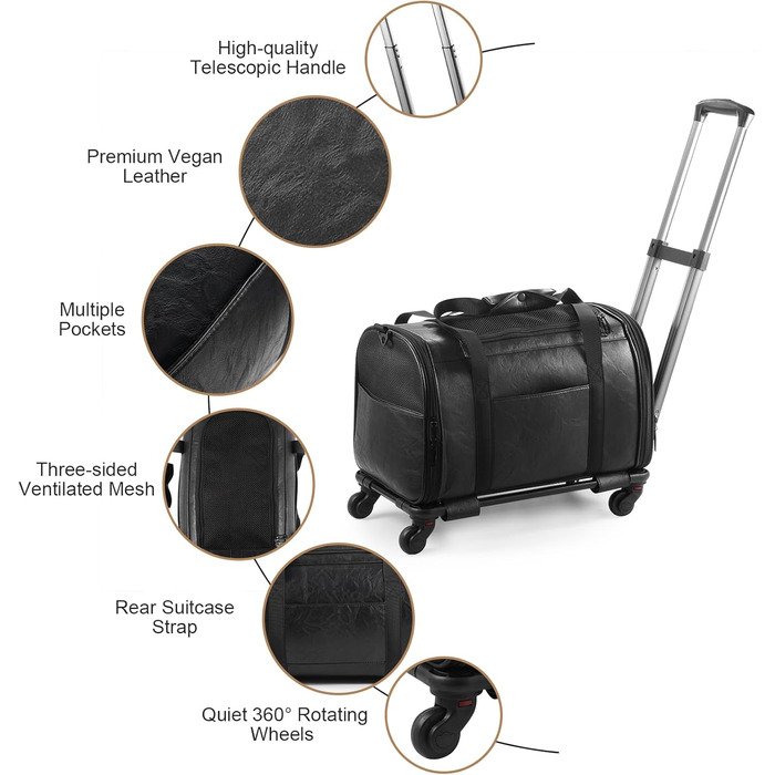 Сумка-переноска для тварин з екошкіри на колесах, для собак та котів до 6,8 кг, підходить для авіаперельотів, кемпінгу (чорна)