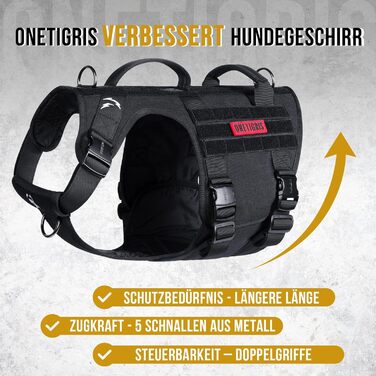 Шлейка для собак OneTigris з металевою пряжкою, тактична шлейка для великих собак, регульована, чорна, M