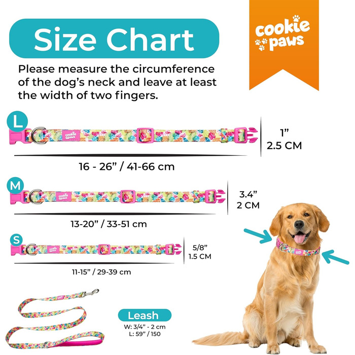 Нашийник і повідець для собак Cookie Paws, нейлоновий, м'який неопрен, з підкладкою, стильний, міцний, тропічний дизайн, розмір L