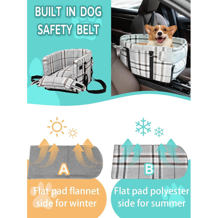 Автокрісло для собак маленьких порід, переносне автокрісло з м'яким, знімним, миючим подушечкою, для консолі авто, до 5,9 кг (сірий)
