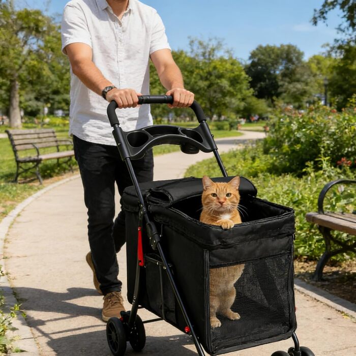 Візок для собак Homewell, візок-каляска для котів/маленьких собак, візок-каляска для дітей, прогулянковий візок для тварин з 2 вікнами на блискавці, тримач для напоїв, до 20 кг (Чорний)
