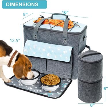 CLAWIST Сумка для собак, переноска для подорожей, XL, сіра/блакитна. З контейнерами для корму та складеними мисками