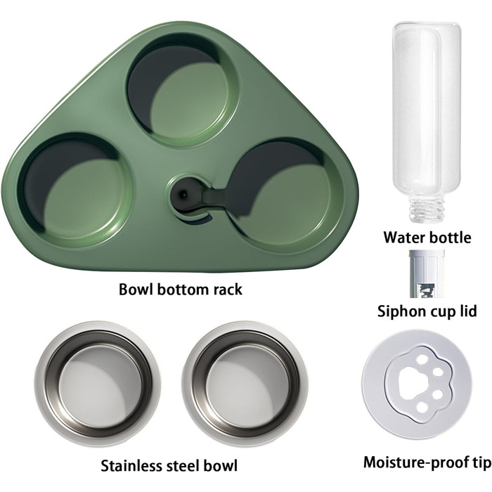 Миска для кота з нержавіючої сталі 3-в-1 з автоматичним дозатором води, подвійна миска для котів та собак (зелена)
