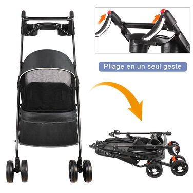 Візок для собак та котів OHMG, складний, до 20 кг, чорний, з гальмом 360° та великим кошиком