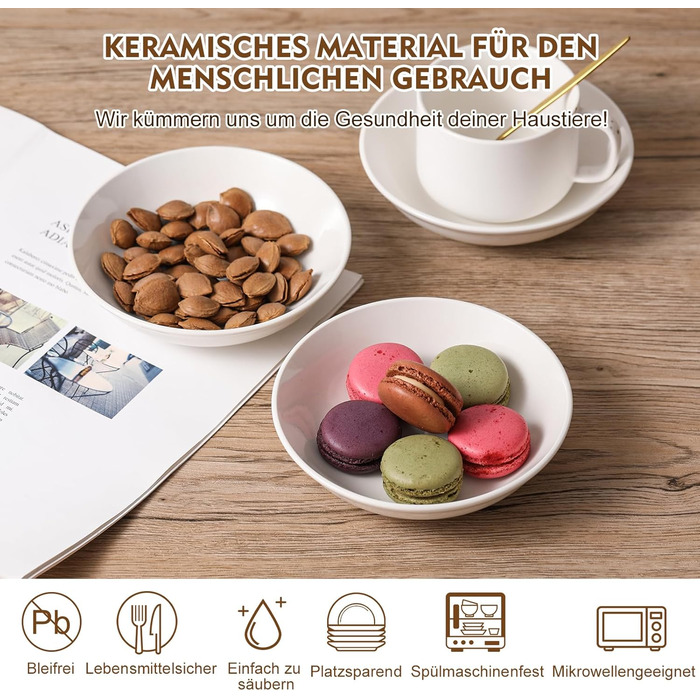 Набори мисок для котів з кераміки Katzennapf Set - 6 шт. Миски для корму для котів у мінімалістичному стилі, широкі, плоскі, зручні для вусів, мікрохвильові та придатні для миття в посудомийній машині, 250 мл, білі