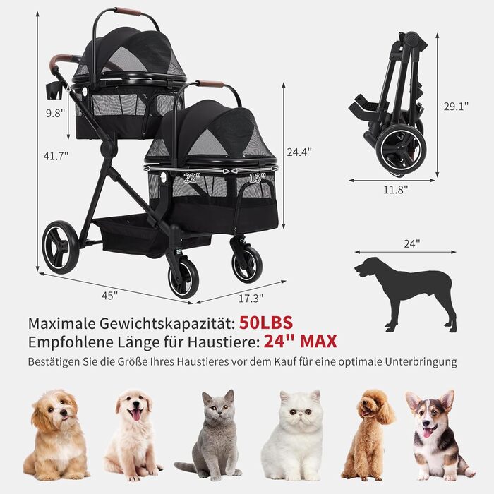 Складаний двоярусний візок для собак та котів до 22 кг, з сітчастими віконцями, тримачем для напоїв та місцем для зберігання. Ідеально для двох маленьких собак або котів. Легкий та зручний двошаровий візок.