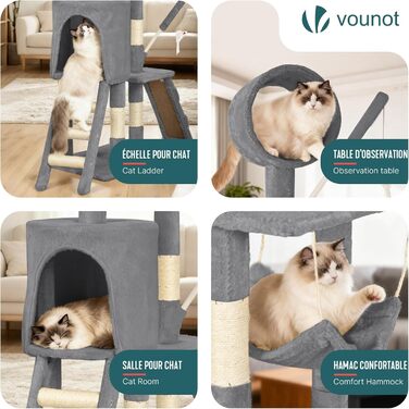 Кігтеточка для котів Vounot® 112 см, багатоярусна, з платформами, печерою та іграшками (сірий)