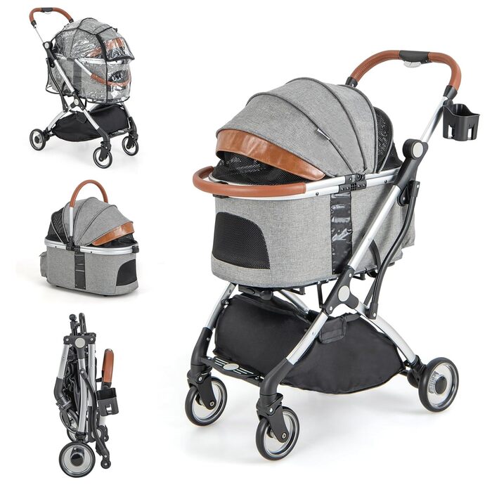 GYMAX 2-в-1 Візок для собак, візок для домашніх тварин з захистом від дощу, візок для собак з кошиком для зберігання та тримачем для напоїв, складний візок-переноска для собак та котів