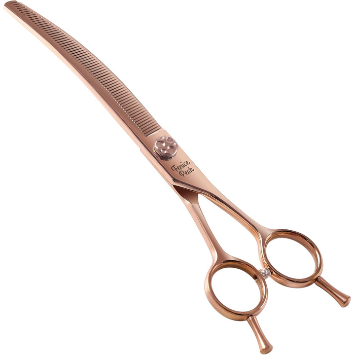 Професійна ножиця для грумінгу собак Fenice Peak, вигнута, 17.8 см, з надгострими лезами з 440C сталі, довговічна, плавне різання для собак та котів (рожеве золото)