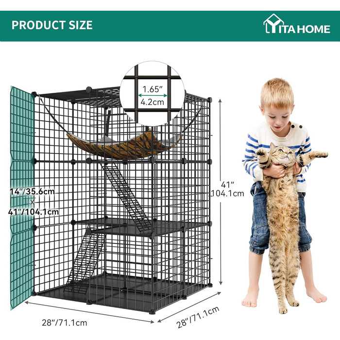 Клітка для котів YITAHOME на вулицю, металева 3-ярусна клітка-вольєр для котів з 3 дверцятами та 2 сходами, з гамаком, 72x72x104 см