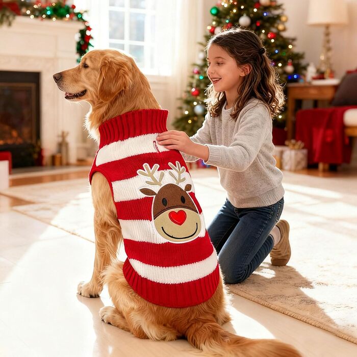 Пуловер для собак на Новий рік, теплий, м'який, осінньо-зимовий, з високим коміром, в'язаний, одяг для цуценят, милий олень, червоний, светри для собак, святковий, з короткими рукавами, (XXS (1-3 lbs), червоний/білий)