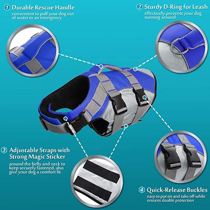Жилет рятувальний для собак, блакитний XL. Жилет для плавання з рятувальним ручним захопленням, з регульованим кріпленням.