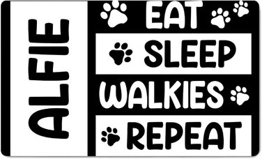 Підкладка під миску з іменем для домашніх тварин | Килимок для собак та котів | 45 x 75 см | Гумова підкладка 4 мм | Мотив домашнього улюбленця | Eat Sleep Walkies