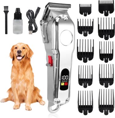Професійна машинка для стрижки собак, для густого волосся, тиха, бездротова, акумуляторна, з LED-дисплеєм, 10 насадок для собак та котів