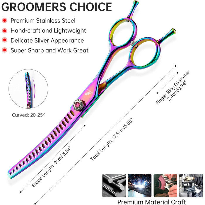 Вигнуті ножиці для грумінгу собак, 7 дюймів, портативні, легкі, кольорові, ножиці для догляду за домашніми тваринами, вигнуті ножиці Chunkers для собак