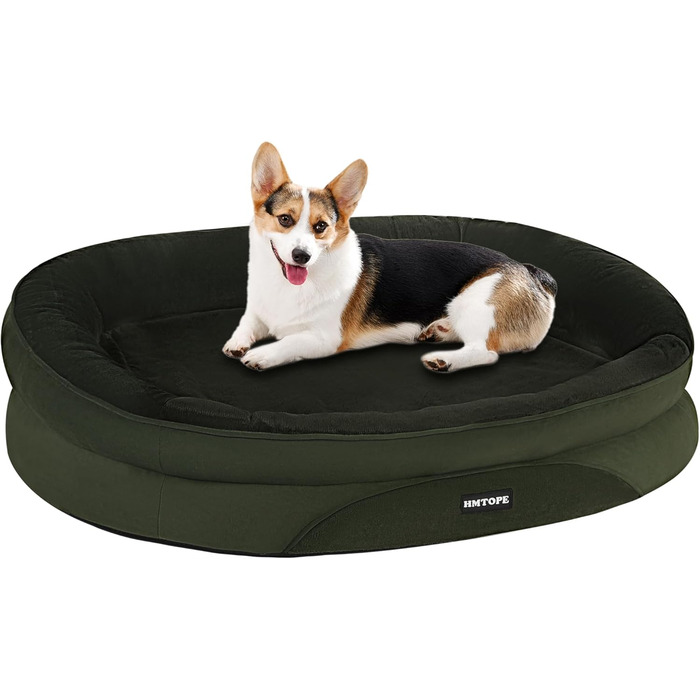 Ортопедичне ліжко для собак, лежанка для собак з підголовником, кошик для собак з неслизьким дном, знімний та пральний, для маленьких та середніх собак, 90 x 71 x 15 см, оливковий колір
