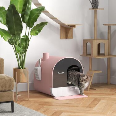 Туалет для котів PawHut з кришкою, лопаткою та килимком, висувний лоток, рожевий, для котів до 5 кг, 43x44x47 см