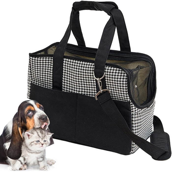 Чорна сумка-переноска для тварин з бавовняного канвасу, зручна для подорожей, з блискавкою