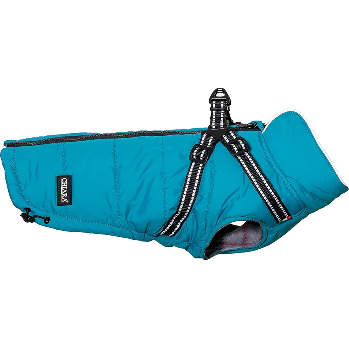 Зимова куртка CHIARA для собак, модель MAX, розмір M, матеріал: 100% поліестер, з флісовою підкладкою, зручна у надяганні, регульована довжина, можна прати в пральній машині, колір: бірюзовий