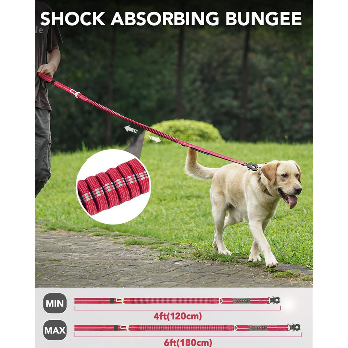 Тактична повідок для собак Joytale, еластична (bungee) повідок з 2 м'якими ручками, кріплення для автомобіля, повідок без ривка для середніх, великих та дуже великих собак (1.2м-1.8м, світорожевий)